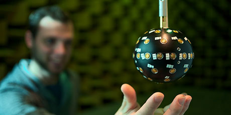 The spherical microphone array consists of 52 individual microphones (Photo: Nicolas Le Goff)