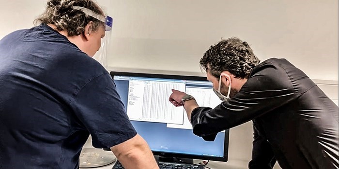 Sometimes, the objects will be scanned in one of the CT scanners in the 3DIM - The 3D Imaging Center at DTU. Here a dinosaur skull (Casper) was scanned in March 2021 -  and created a lot of 3D data. Here Carsten Gundlach from DTU  Physics and Peter C. Kjærgaard, Director of the Natural History Museum of Denmark. Credit Hanne Kokkegård, DTU Compute